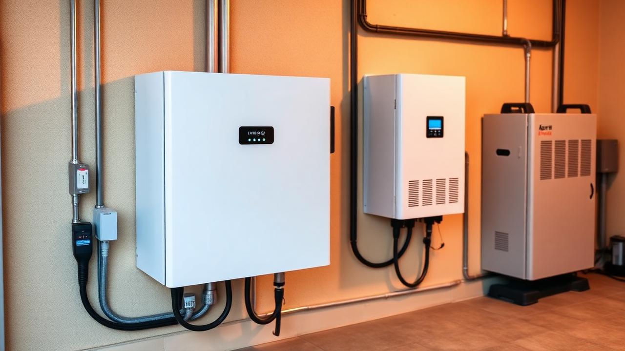 Domowy magazyn energii – nowoczesne akumulatory litowe zamontowane na ścianie w garażu obok falownika, profesjonalna instalacja fotowoltaiczna