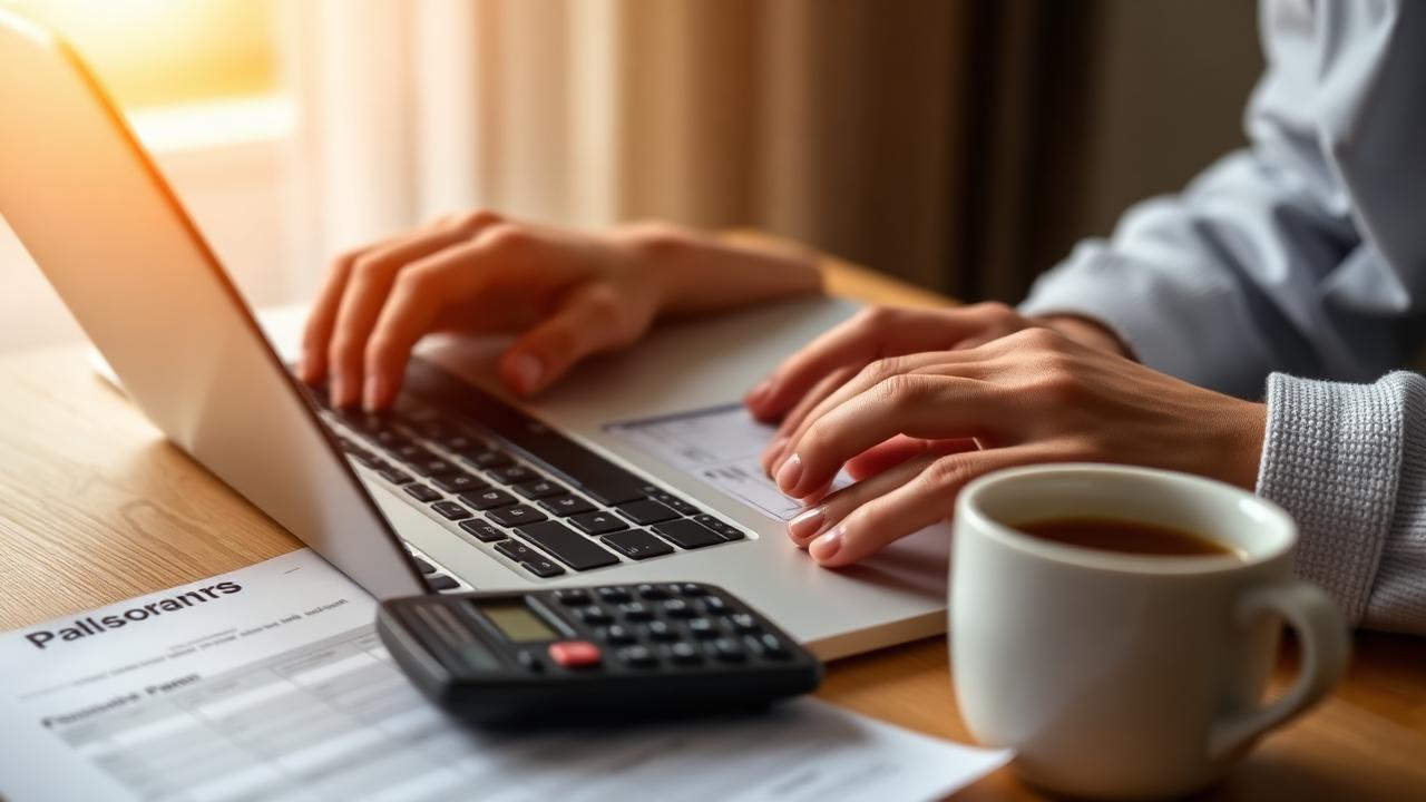 Osoba wypełniająca online wniosek o dofinansowanie fotowoltaiki z programu Mój Prąd 6.0 na laptopie – dokumenty finansowe i kalkulator na biurku